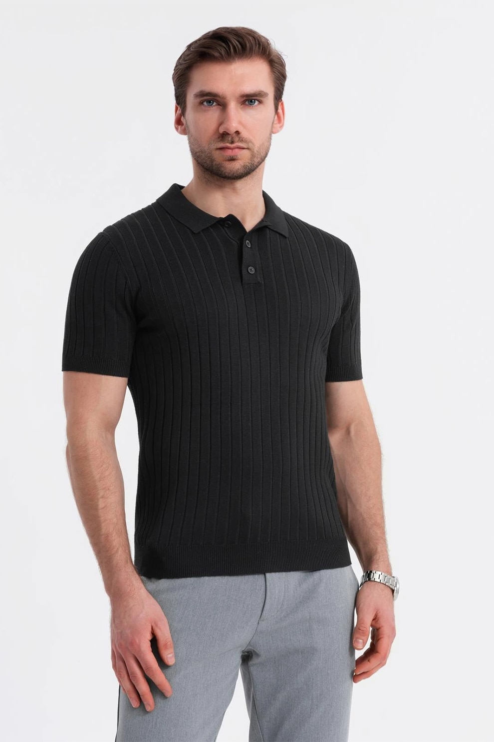 OMBRE, Tricou polo cu aspect striat, Negru, XL