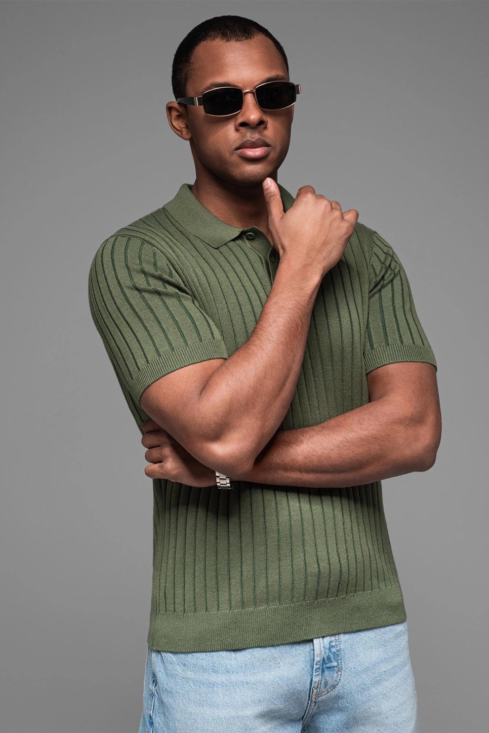OMBRE, Tricou polo cu aspect striat, Verde, 2XL
