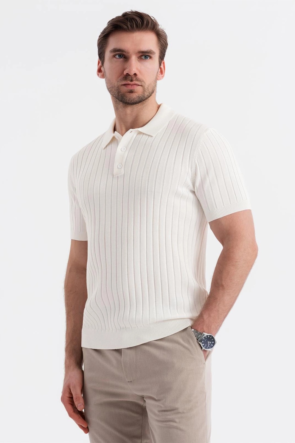 OMBRE, Tricou polo cu aspect striat, Alb murdar, 2XL