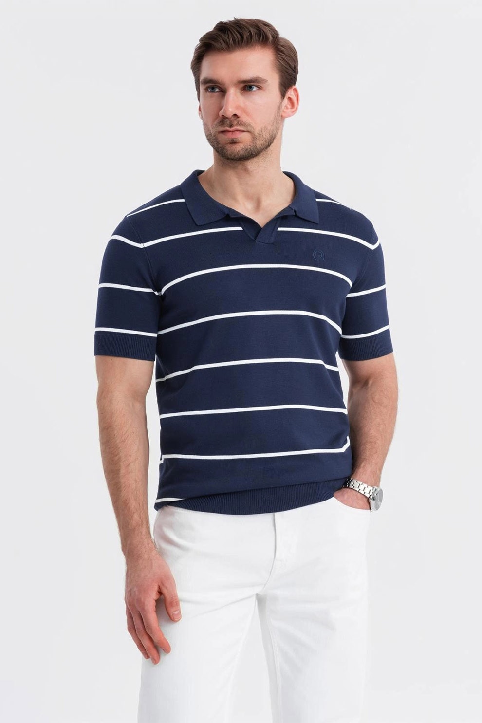 OMBRE, Tricou polo cu dungi, Alb, Bleumarin, 2XL