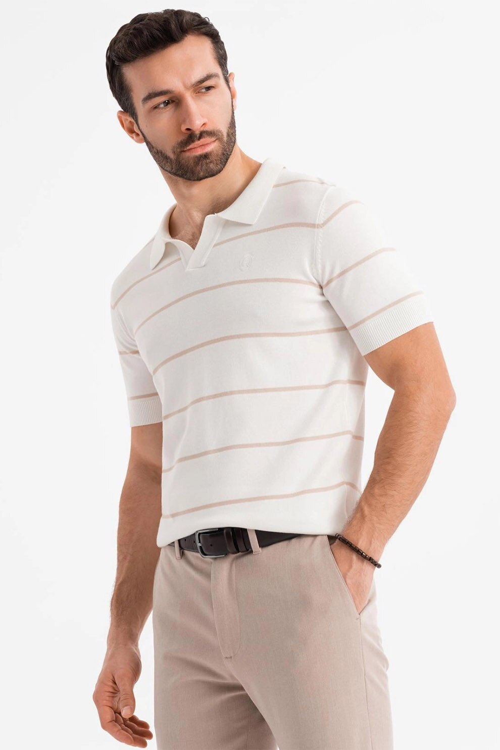 OMBRE, Tricou polo cu dungi, Alb, XL