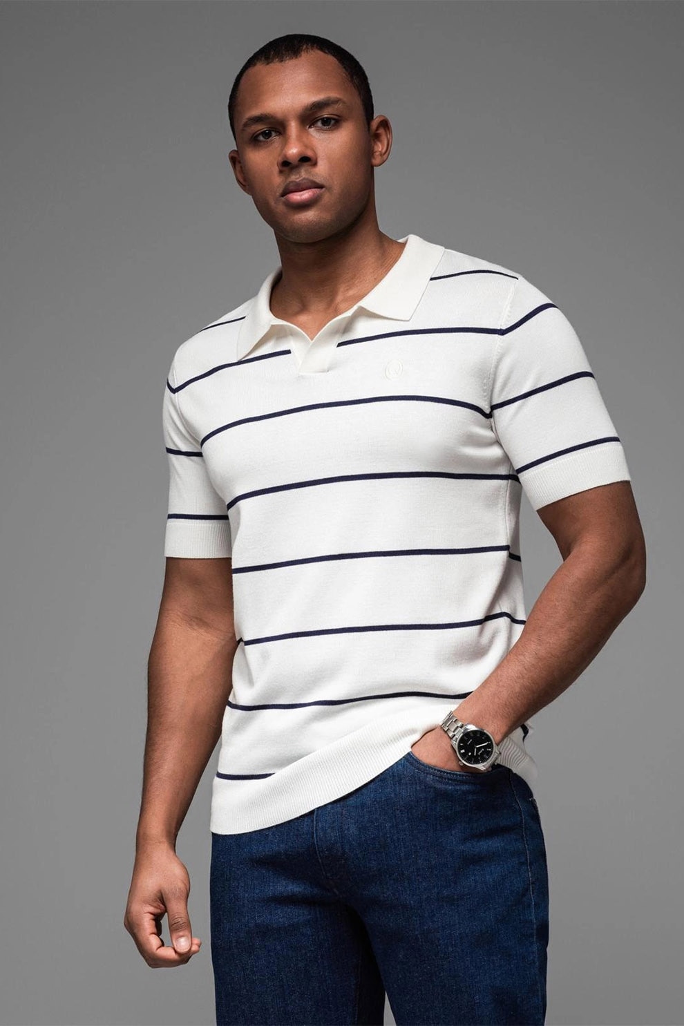 OMBRE, Tricou polo cu dungi, Alb optic, Bleumarin, XL