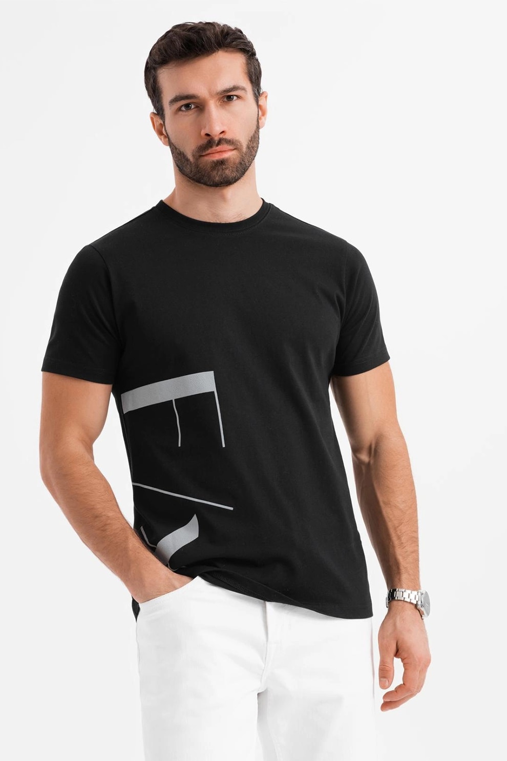 OMBRE, Tricou de bumbac cu imprimeu, Negru, Gri deschis, XL