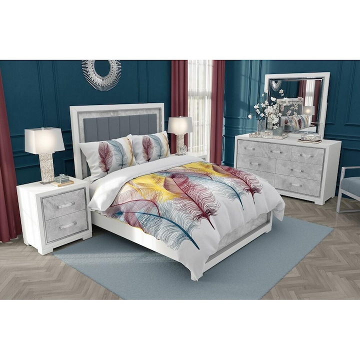 Lenjerie de pat, Zaratex, 140x200, bumbac, alb|multicolor, 2 piese