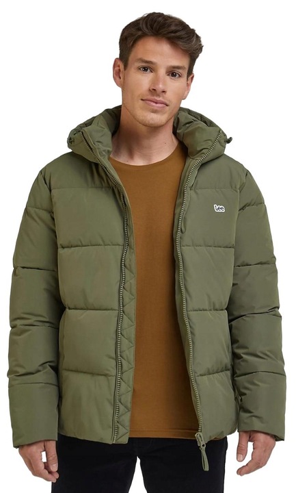 Jacheta puffer Lee, verde masliniu, poliester, cu gluga, doua buzunare cu fermoar, 2XL INTL