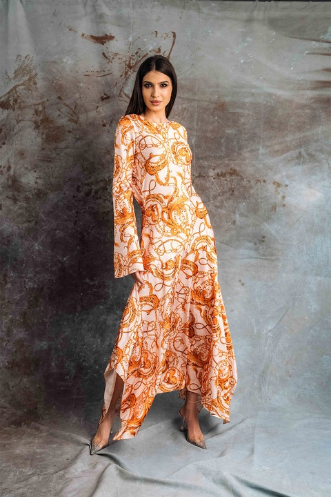 MIAU by Clara Rotescu, Rochie din amestec de matase Indie, Roz pal/Galben inchis