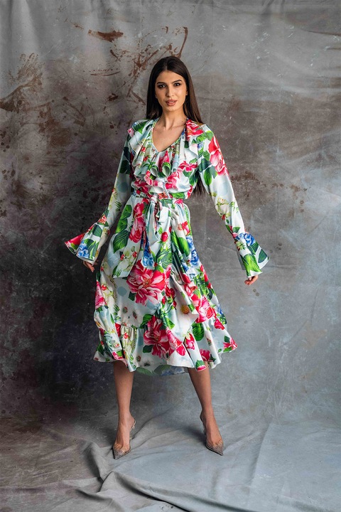 MIAU by Clara Rotescu, Rochie din amestec de matase cu volane si imprimeu Zenna, Albastru deschis/Multicolor