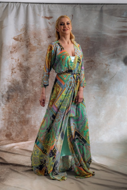 MIAU by Clara Rotescu, Rochie din amestec de matase Clover, Galben/Verde deschis