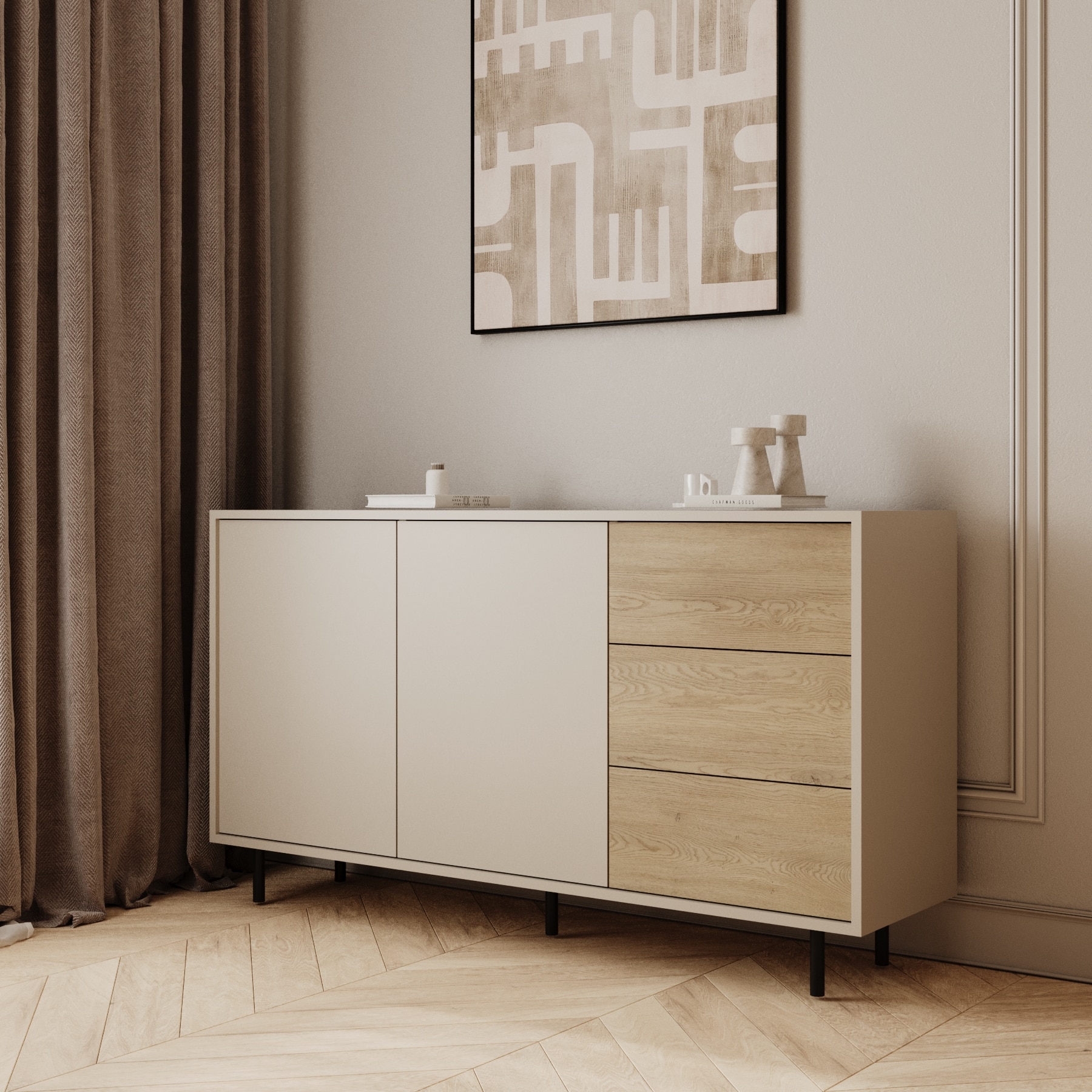 Comoda WENA, 2 usi, 3 sertare Lola, 150x85x40 cm, Casmir/Stejar