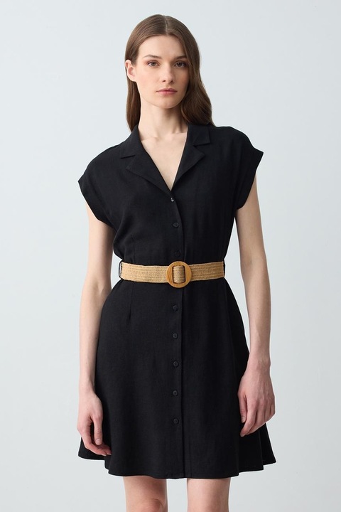 JIMMY KEY, Rochie din amestec de in cu croiala in A si curea in talie, Negru/Negru stins