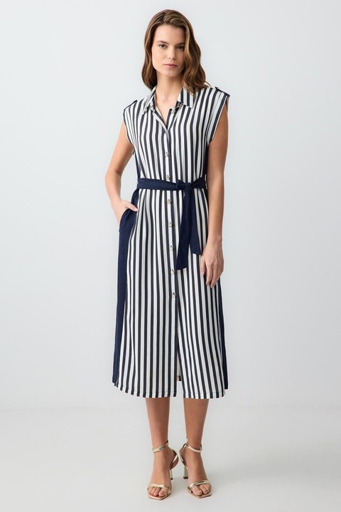 JIMMY KEY, Rochie-camasa din amestec de in, Alb/Bleumarin, L