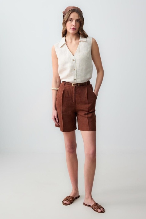 JIMMY KEY, Pantaloni scurti de in cu talie inalta, Maro inchis