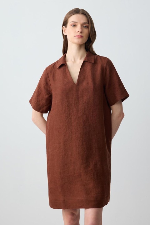 JIMMY KEY, Rochie scurta dreapta de in, Maro cognac