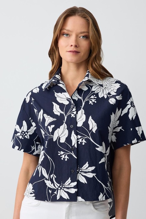 JIMMY KEY, Camasa crop de bumbac, Alb optic/Bleumarin