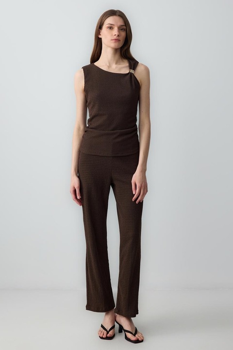 JIMMY KEY, Pantaloni texturati cu talie inalta, Maro cognac