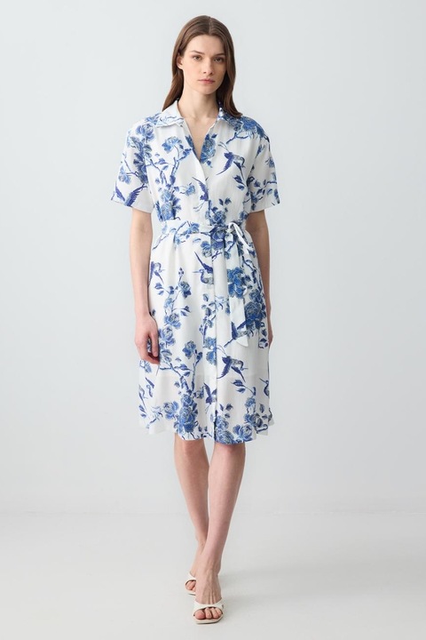 JIMMY KEY, Rochie midi cu model floral, Alb/Albastru petrol