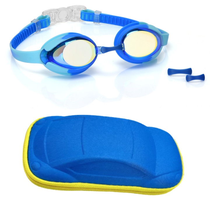 Ochelari de inot profesionisti pentru copii, protectie UV, albastru, cu husa in forma de masina, lentile galvanizate cu 5 straturi