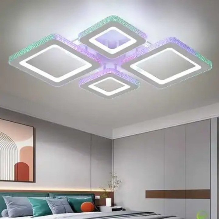 Lustra LED aplicata cu telecomanda, alba, patrata, 154W, 3 functii de lumina, calda/naturala/rece, intensitate reglabila, dimensiune 72x55x9cm, IP20, montaj tavan, LDC