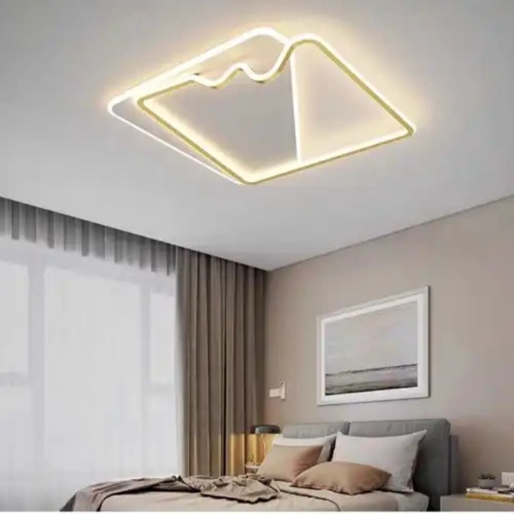 Lustra LED aplicata cu telecomanda, aurie, patrata, 160W, 3 functii de lumina, calda/naturala/rece, intensitate reglabila, dimensiune 52x42x15cm, IP20, montaj tavan, LDC