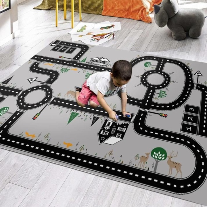 Covor Printat Digital, 100% Poliester, Antiderapant, Pentru Copii, 80x150 cm, Cu Pista
