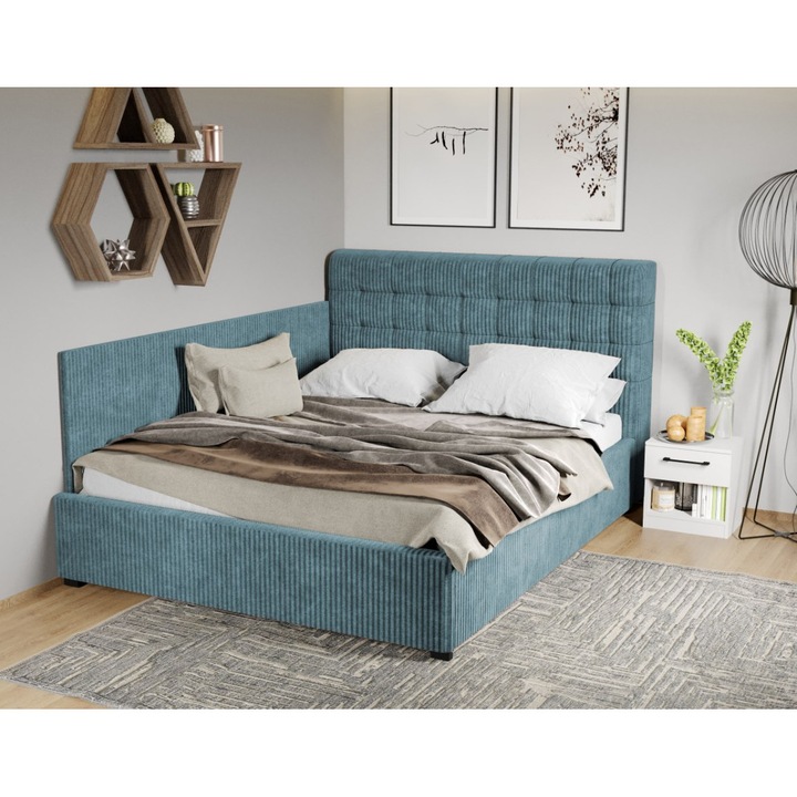 Pat Tapitat de colt, Rivo cu Somiera fixa, 140x200, Albastru deschis/Poso 26