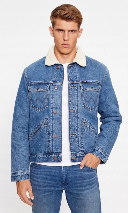Geaca denim barbati Wrangler 124MJ Sherpa, croiala regulata, albastra, 100% bumbac, cu izolatie