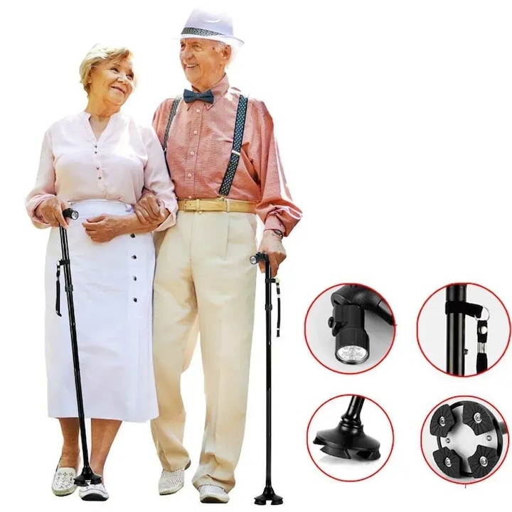 Baston ortopedic de sprijin pliabil usor reglabil, potrivit pentru ambele maini, ofera stabilitate si sustinere pana la 113 kg, Negru