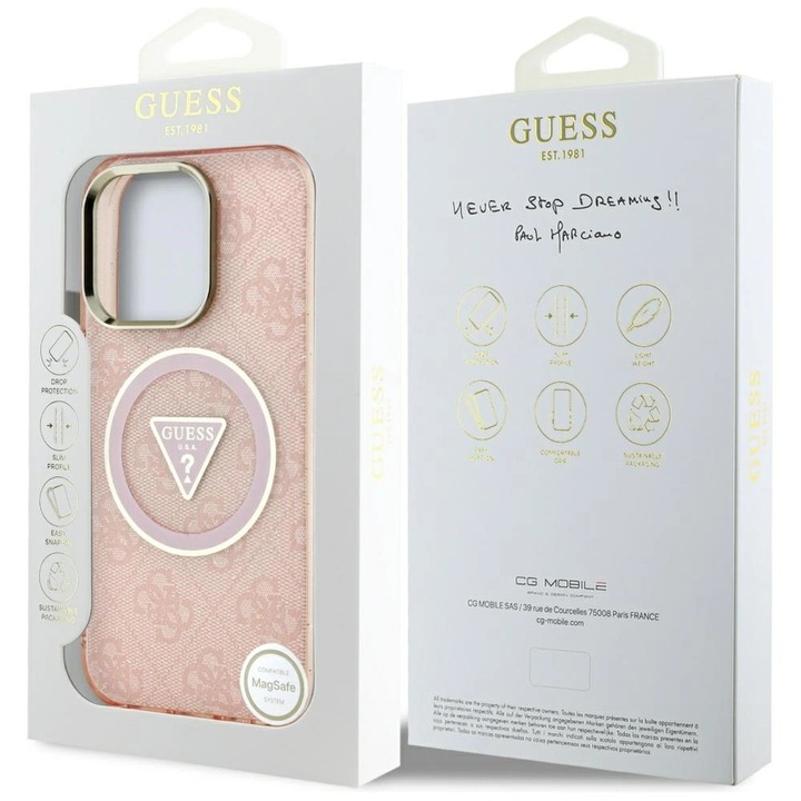 Husa pentru iPhone 16 Pro Max - Guess IML Metal Glitter 4G Circle Triangle MagSafe (GUHMP16XHG4PRTGP) - Pink