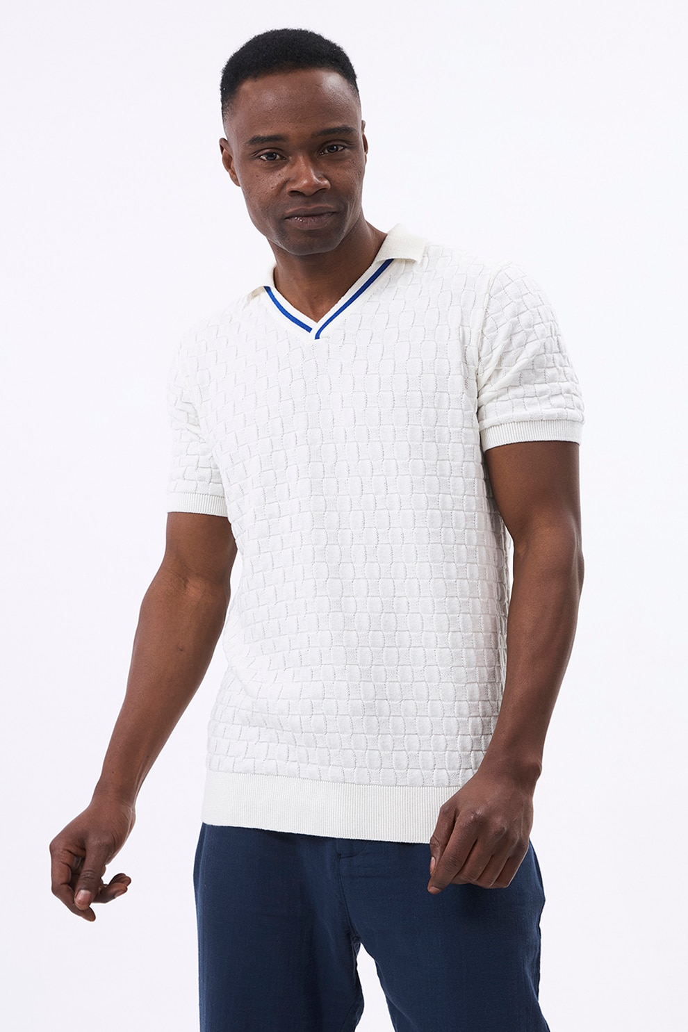 JImmy Sanders, Tricou polo din amestec de bumbac, Albastru inchis, Alb murdar, M