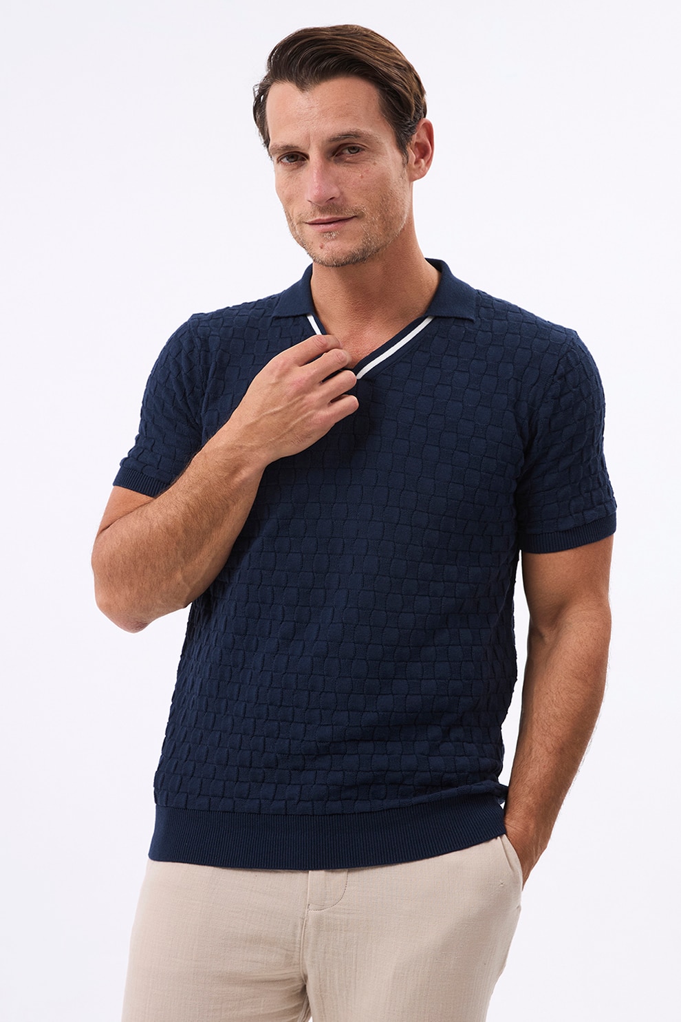 JImmy Sanders, Tricou polo din amestec de bumbac, Alb optic, Bleumarin, M
