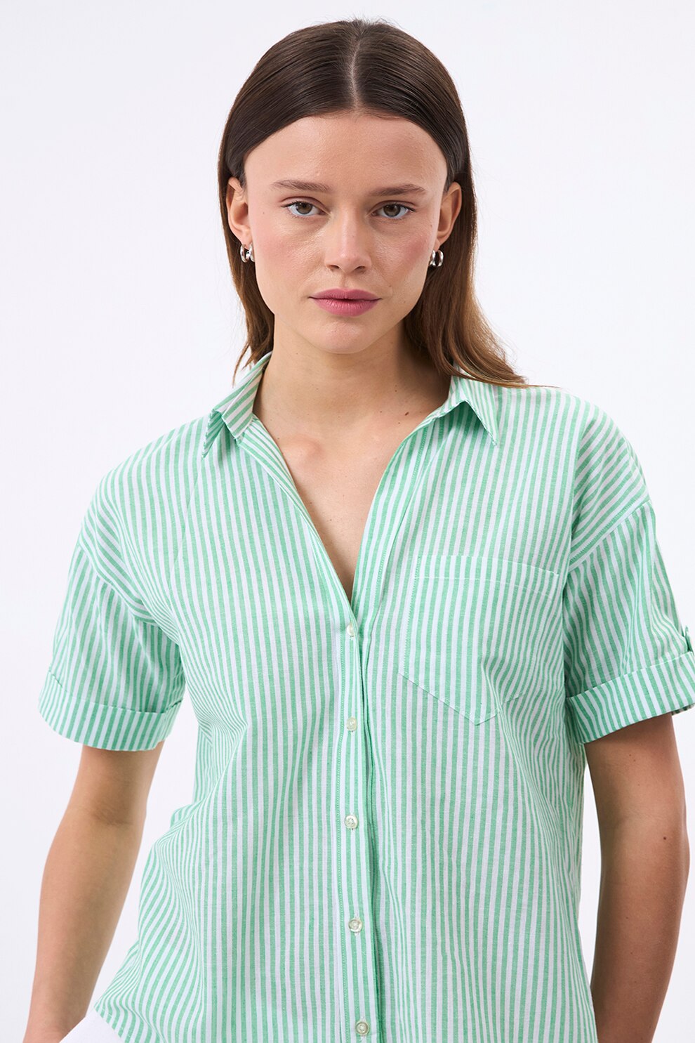 Felix Hardy, Camasa din bumbac si in cu maneci scurte si model in dungi, Alb optic, Verde menta, S