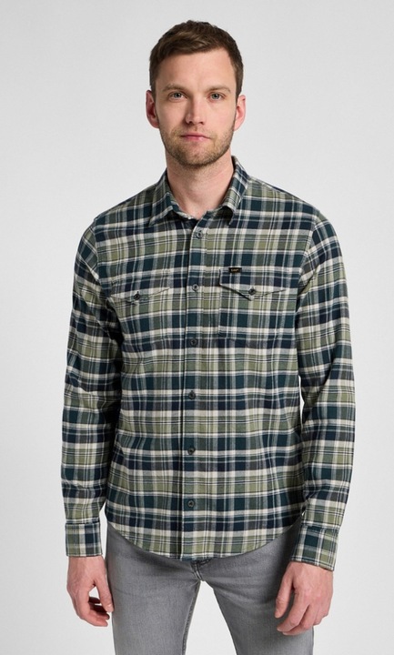 Camasa Lee Regular, carouri verde si ecru, bumbac elastic, doua buzunare, M INTL