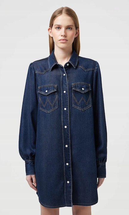 Rochie camasa, Wrangler, Baloonsleeve, fermoar, albastru, bumbac, XS INTL