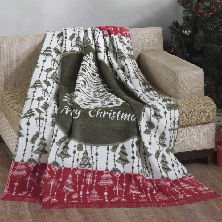 Patura Darymex 150x200cm, rosie, alba, khaki, model festiv cu braduti, 58% bumbac, 32% acril