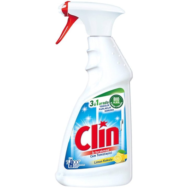 Clin Spray pentru Curatat Geamuri cu Lamaie, 500ml, Formula Bio cu Alcool, 3 in 1 – Curatare, Stralucire, Protectie, Fara Urme, Curata Sticla si Suprafete Lucioase