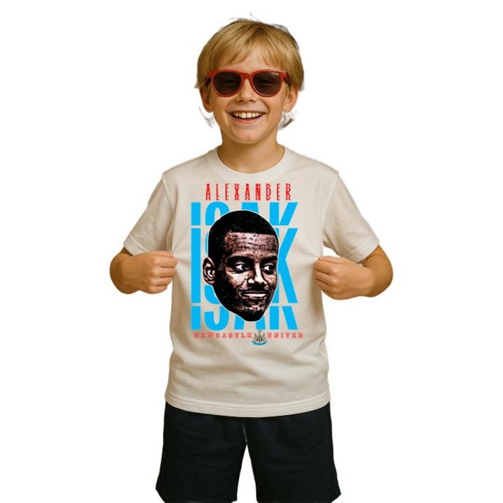 Tricou Copii Personalizat cu Alexander Isak-Newcastle United, din bumbac 100%, Cri-Flo, Alb, Varsta 3-4 ani, Marime 110 CM