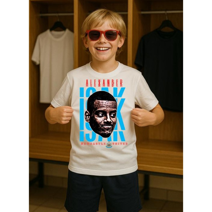 Tricou Copii Personalizat cu Alexander Isak-Newcastle United, din bumbac 100%, Cri-Flo, Alb, Varsta 3-4 ani, Marime 110 CM