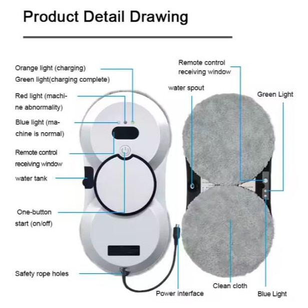 Robot Electric de Curatare Geamuri, Control Automat, Sistem Anti-Cadere, Telecomanda, Functie Spray, Alb