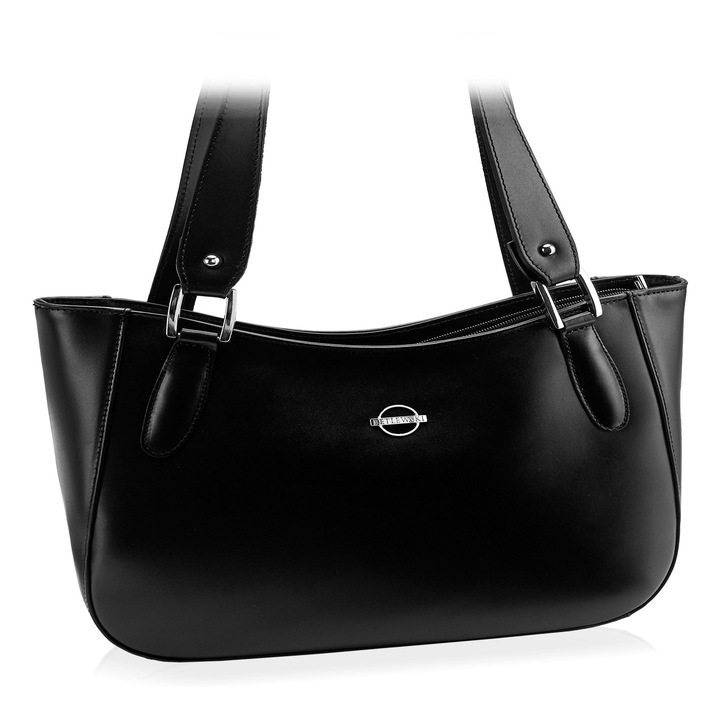 Vanessa női táska, természetes bőr, fekete, 37x26x9cm, 65cm-es fogantyúkkal