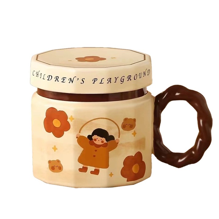 Cana din ceramica, Leski, Cana pentru Cafea, Ceai, Cana Universala, Unisex, Cana cu Capac, 9 x 8 x 8 cm, 400 ml, Model Fetita cu Coarda, Bej
