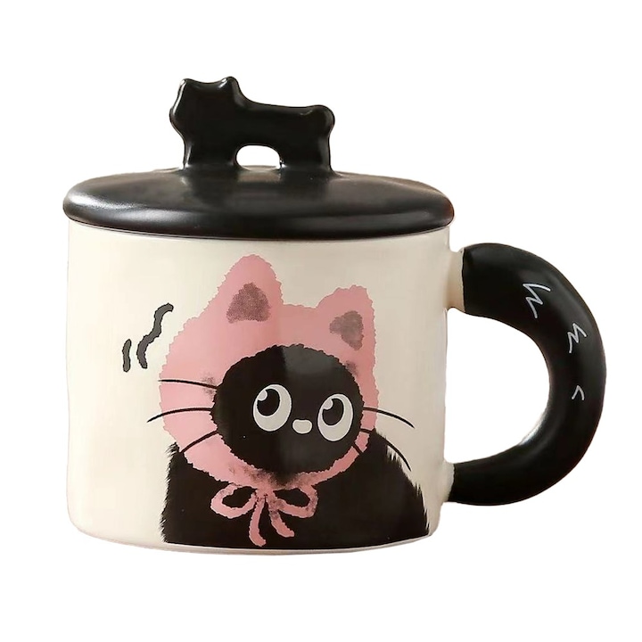 Cana din Ceramica Flippy, Design Retro cu Figurina 3D, Print Pisica, Multicolor, 9.5x8x8cm, 360ml