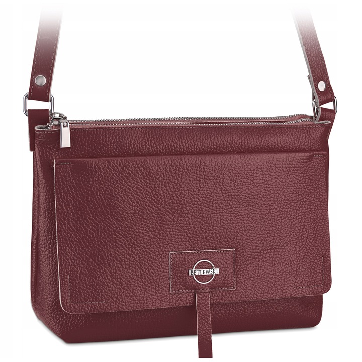 Betlewski ANYA női táska, természetes bőr, bordó, 29x22x7cm, állítható pánt 120cm