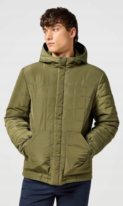 Мъжко пухено яке, Wrangler, модел Transitional, зелено, памук, качулка, цип