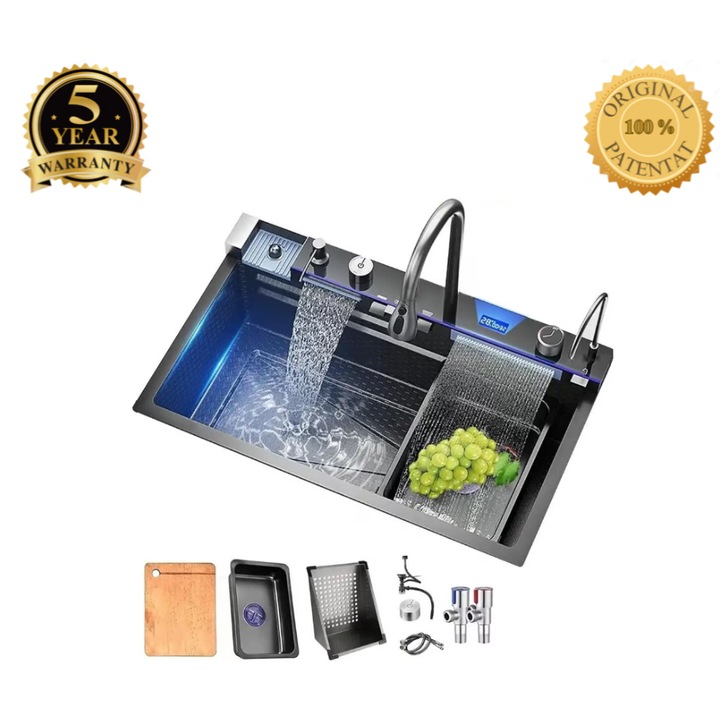 Chiuveta Premium SinkLand, Multifunctionala, 6 functii, Tocator 2 tavite, 2 robineti, 2 racorduri, Sifon, Chit Full, Otel inoxidabil 306, Tratament anticoroziv, Gri marmurat, Certificat de calitate
