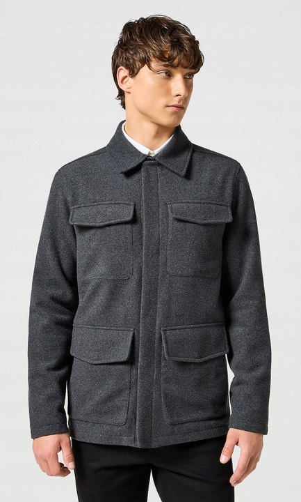 Jacheta barbati Wrangler, traditionala, gri inchis, usor izolata, din poliester/lana/acril/poliamida