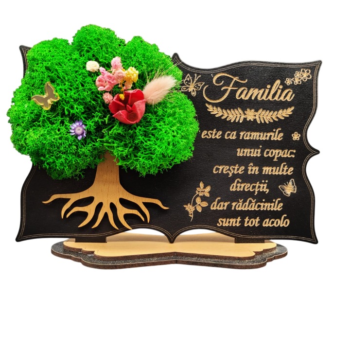 Tablou copac cu licheni stabilizati, personalizat cu mesaj pentru familie, prieteni, nasi, fini "Familia este ca ramurile unui copac", 20x14 cm, Lemn