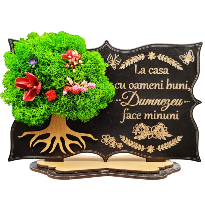 Tablou copac cu licheni stabilizati, personalizat cu mesaj pentru familie, prieteni, nasi, fini "La casa cu oameni buni", 20x14 cm, Lemn