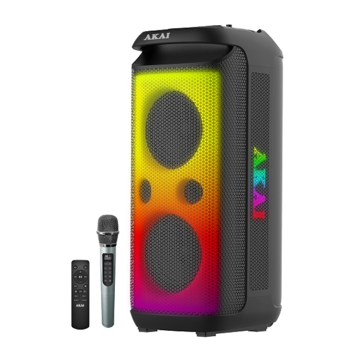 Преносима колона AKAI PARTY SPEAKER 600, Active Speaker 120W RMS, Bluetooth, безжичен микрофон, дистанционно управление, FM радио, Батерия 9000 mAh, IPX4, черен