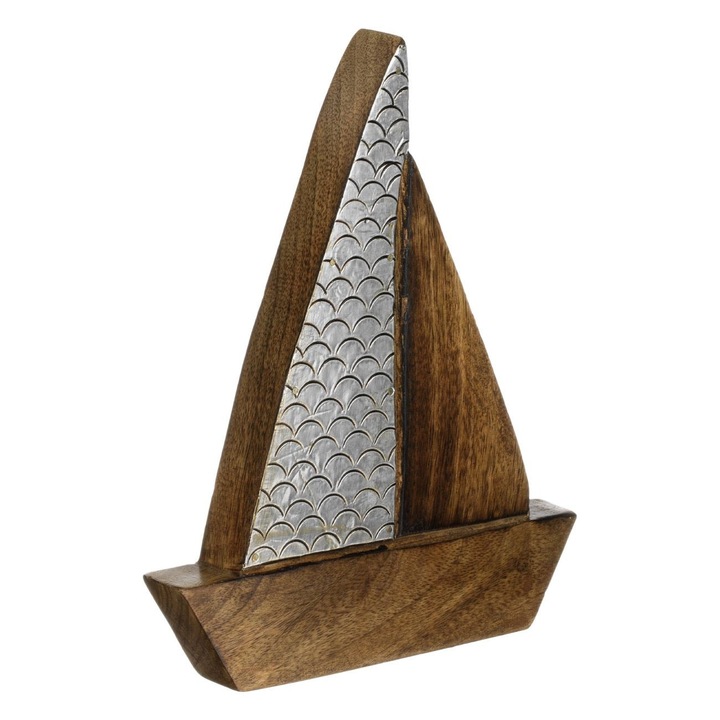 Декорация за маса с кораб със сребристи метални детайли 19x2.5x23см за морски декор, дърво