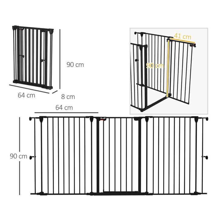Összecsukható acél kutyavédő korlát, kihúzható, dupla zárral, 206x90 cm, fekete